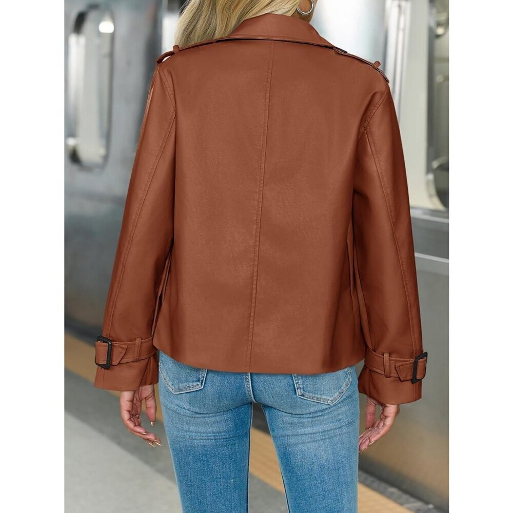 "Womens brick red Textured Faux Leather Oversized  Jacket Fall Outer - Picture 4 of 6